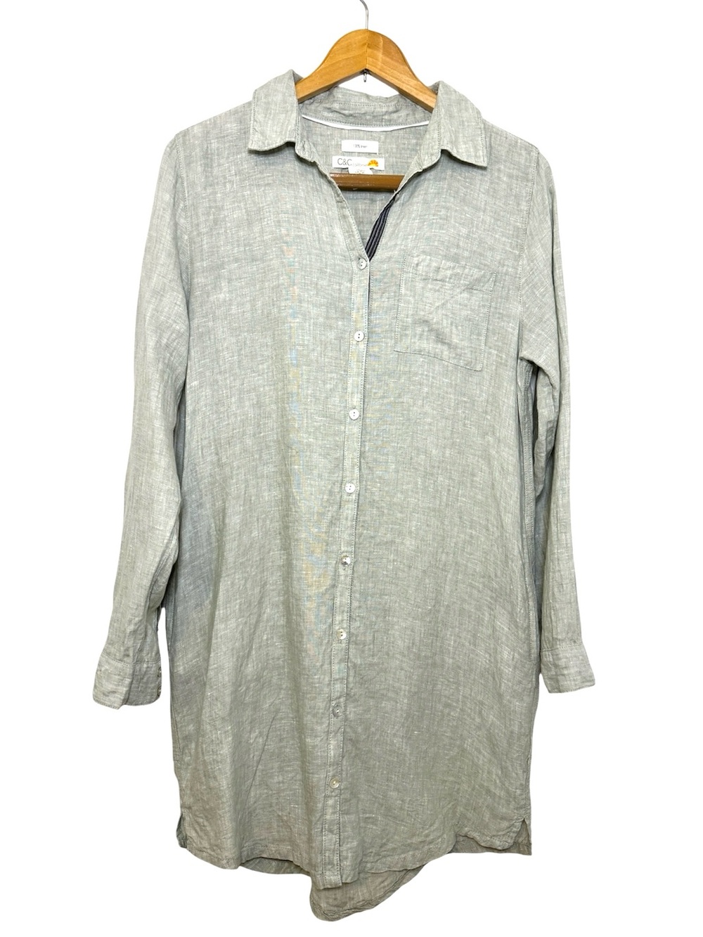 C&C California Womens Long Sleeve Linen Shirt Dress Size M Light Gray Green